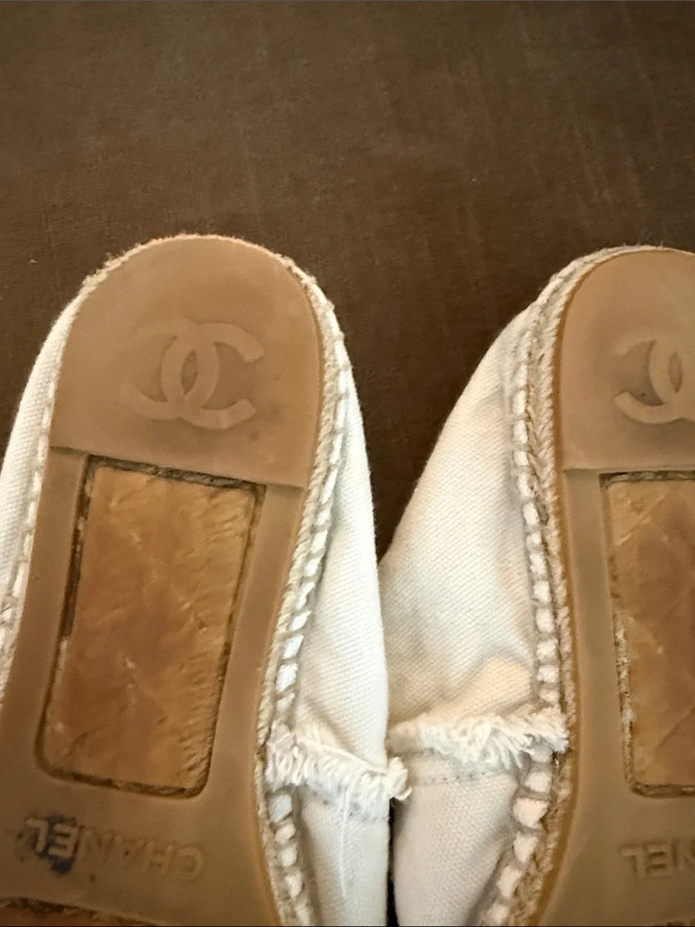 CHANEL White Canvas Espadrilles with Black Cap Toe and CC Logo
